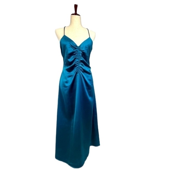 Jason Wu Satin Halter Strappy Rushed Deep V MIDI Dress. Teal. Size L. #620 NWOT - Picture 1 of 6